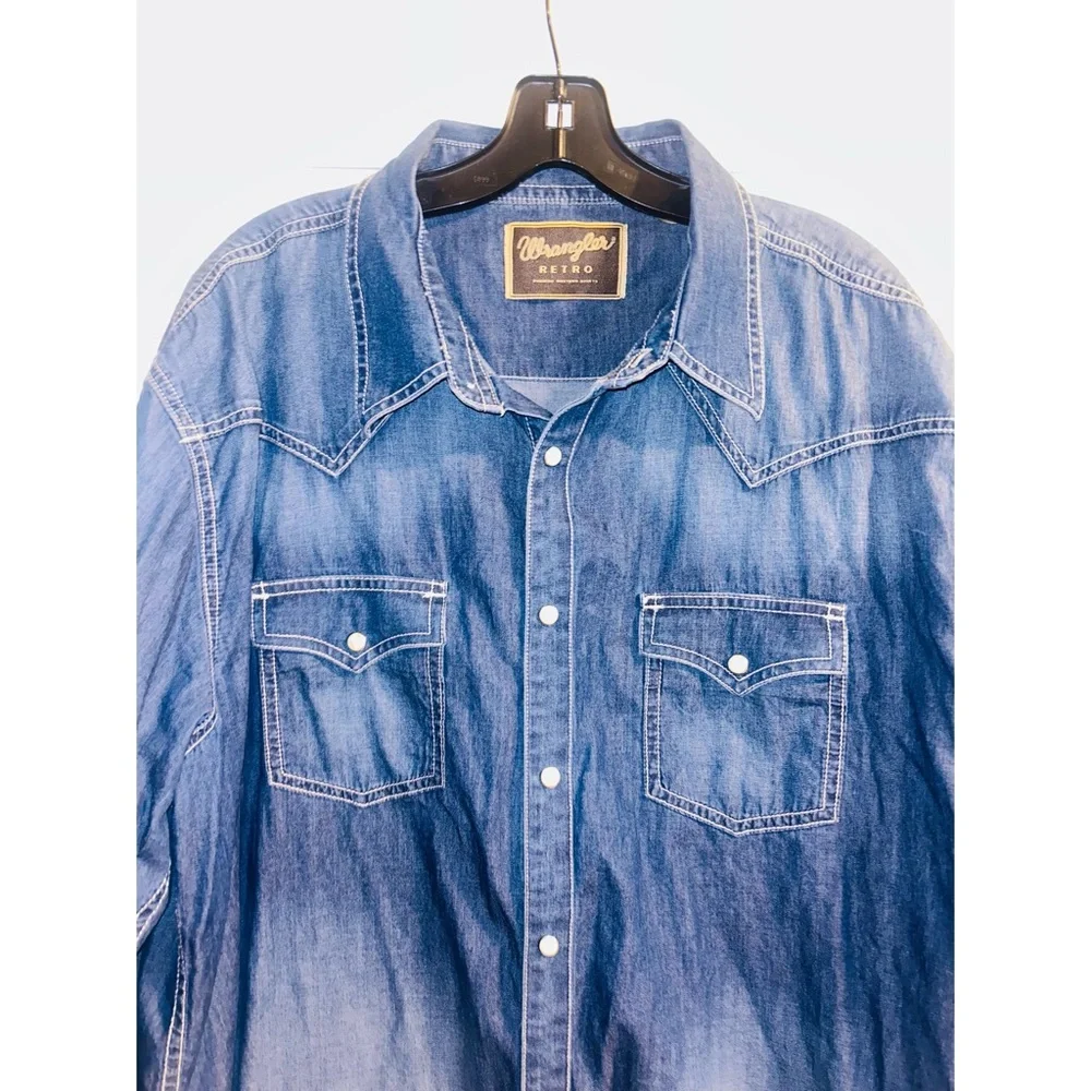 Wrangler Blue Denim Jacket Vintage Denim Pearl Snap Long Sleeve Top Men’s XXL - Picture 2 of 4